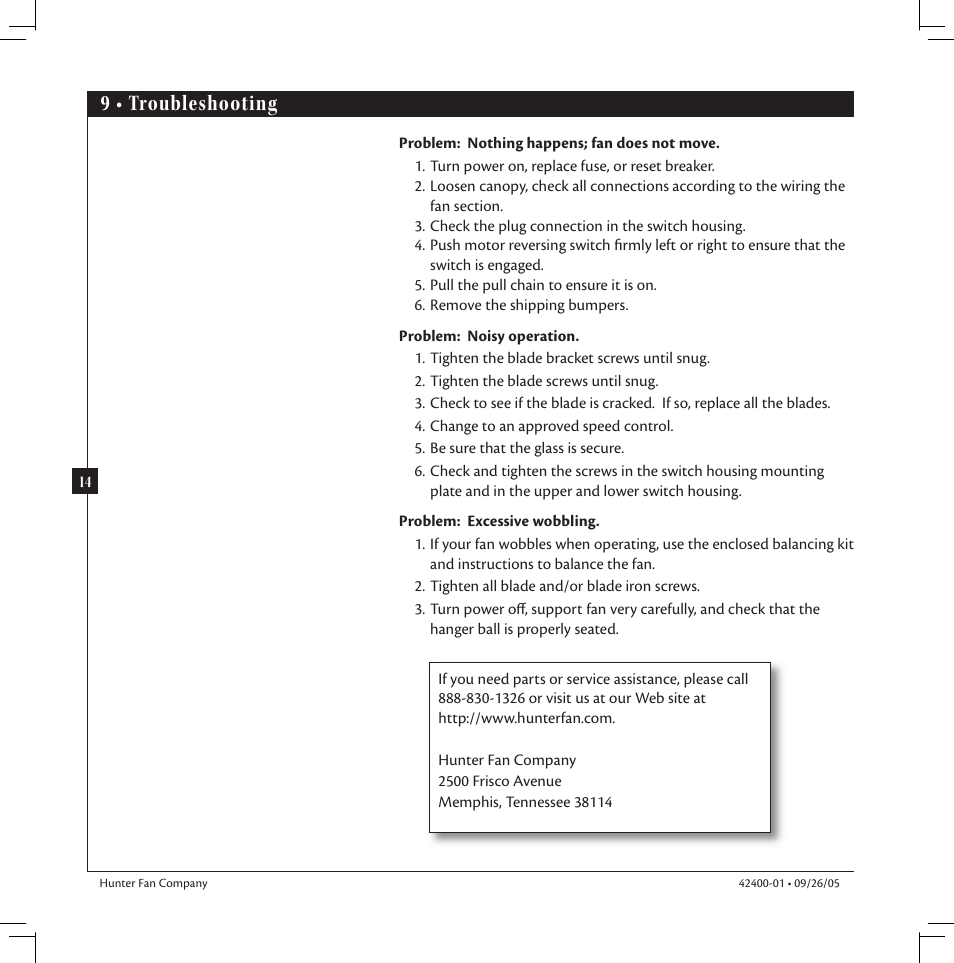 9 • troubleshooting | Hunter Fan HUNTER Ceiling Fans User Manual | Page 14 / 14