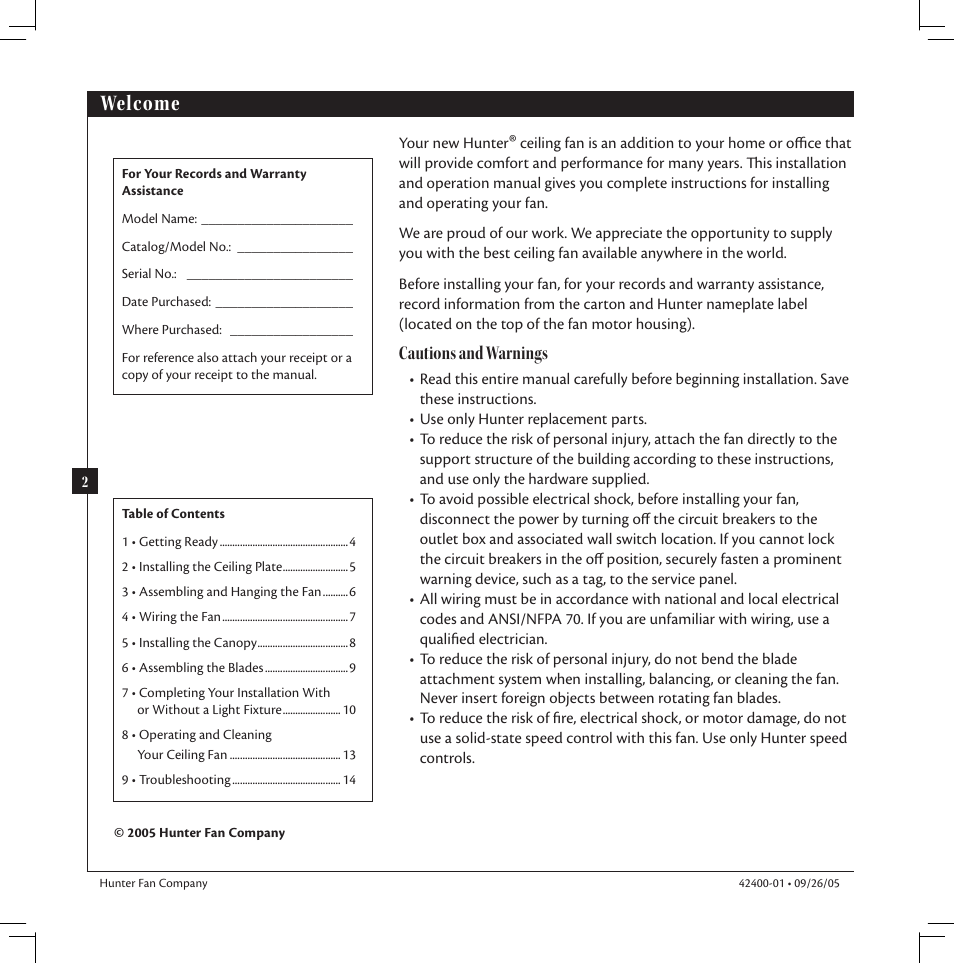Welcome, Cautions and warnings | Hunter Fan HUNTER Ceiling Fans User Manual | Page 2 / 14