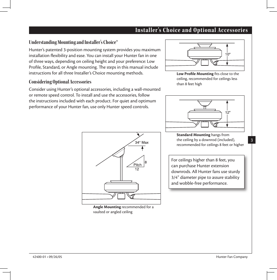 Installer’s choice and optional accessories, Understanding mounting and installer’s choice, Considering optional accessories | Hunter Fan HUNTER Ceiling Fans User Manual | Page 3 / 14