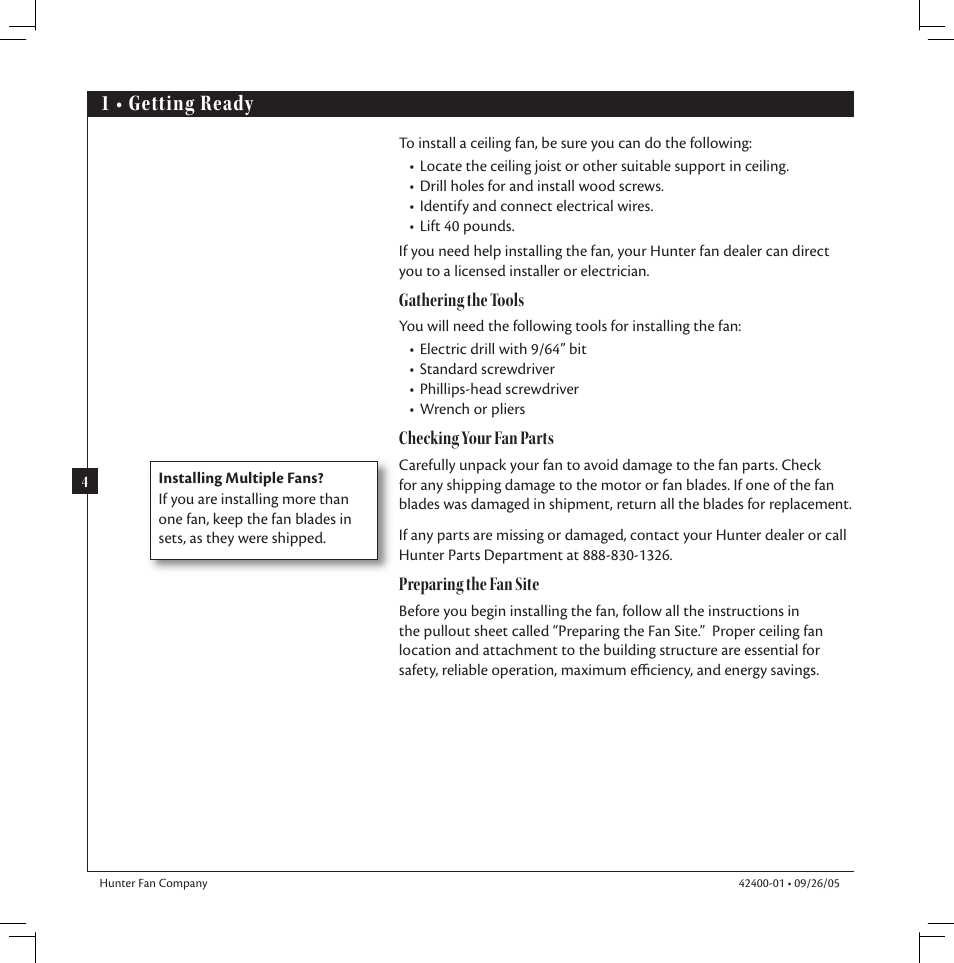 1 • getting ready, Gathering the tools, Checking your fan parts | Preparing the fan site | Hunter Fan HUNTER Ceiling Fans User Manual | Page 4 / 14