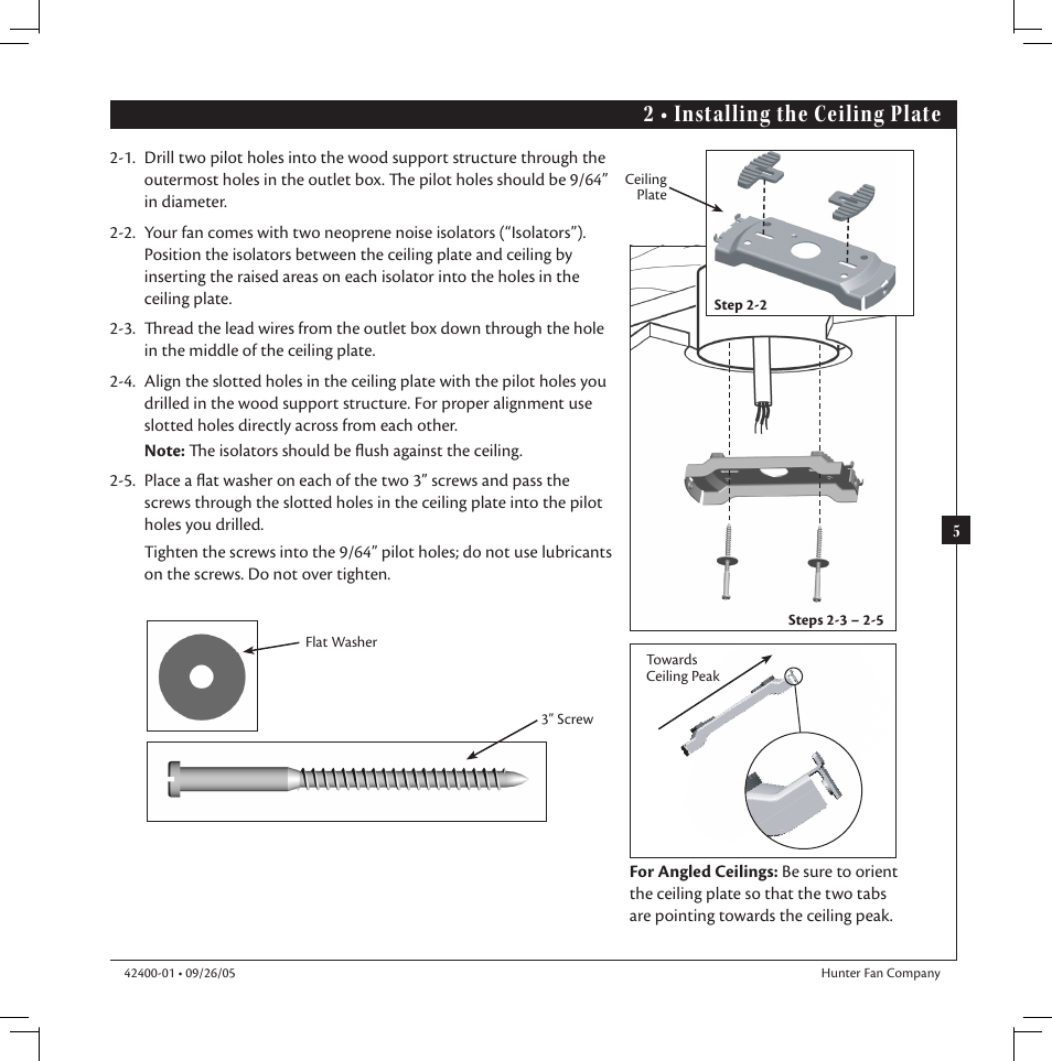 2 • installing the ceiling plate | Hunter Fan HUNTER Ceiling Fans User Manual | Page 5 / 14