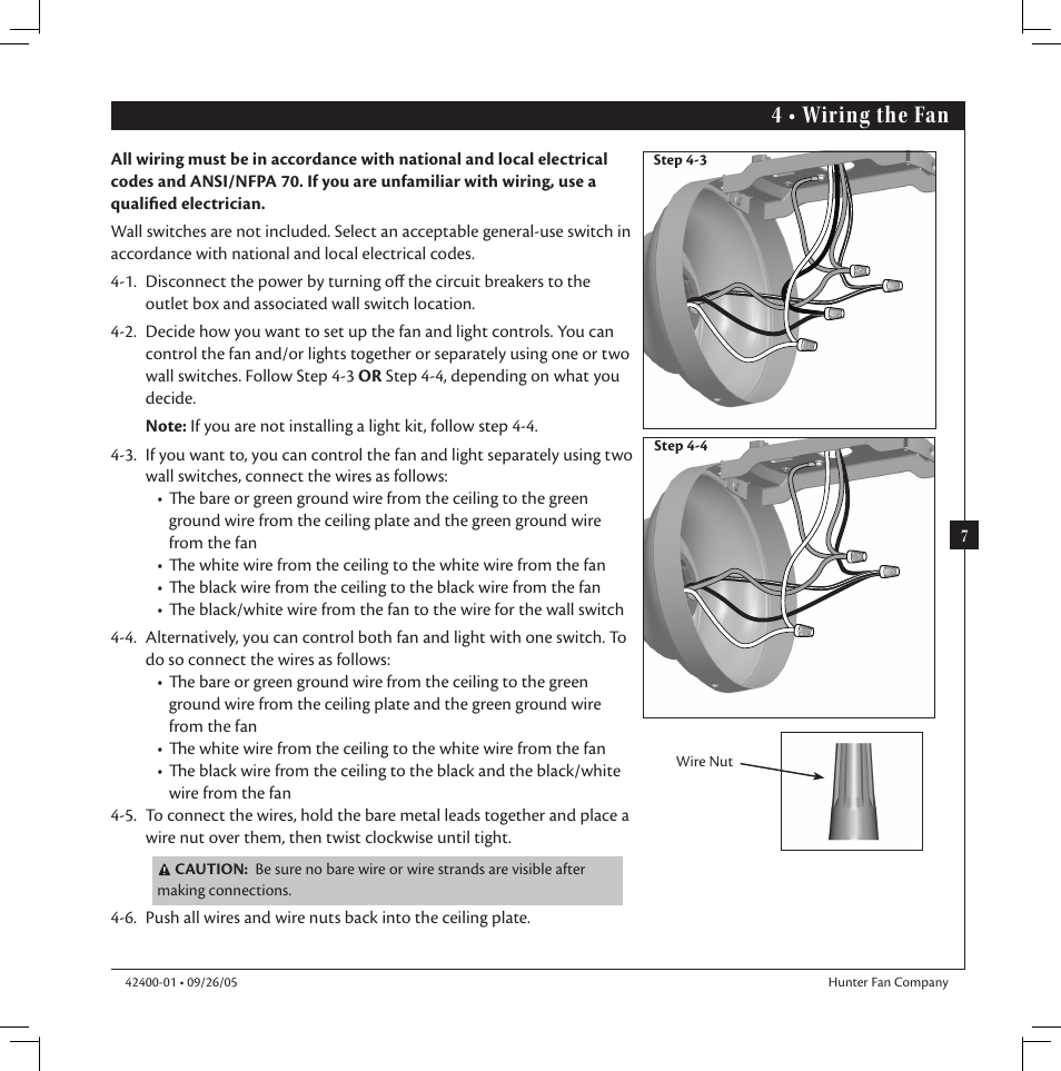 4 • wiring the fan | Hunter Fan HUNTER Ceiling Fans User Manual | Page 7 / 14
