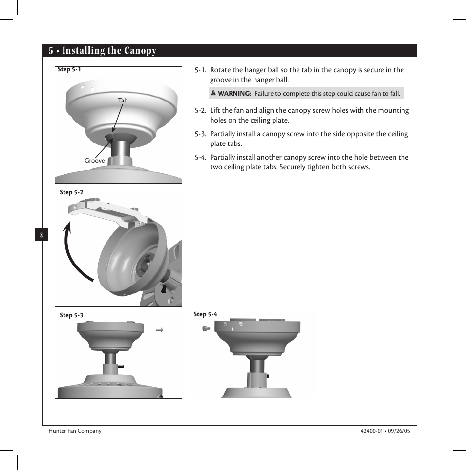 5 • installing the canopy | Hunter Fan HUNTER Ceiling Fans User Manual | Page 8 / 14