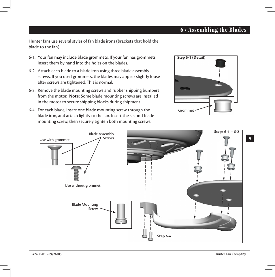 6 • assembling the blades | Hunter Fan HUNTER Ceiling Fans User Manual | Page 9 / 14