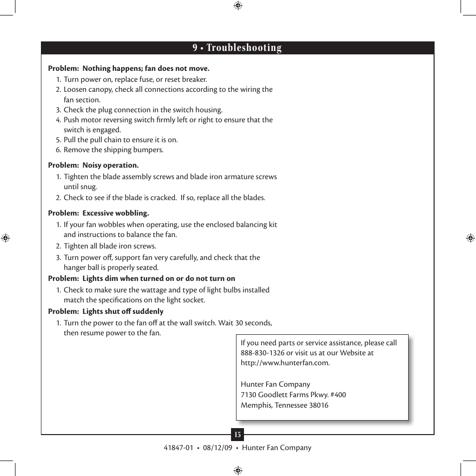 9 • troubleshooting | Hunter Fan Type G Models User Manual | Page 15 / 15