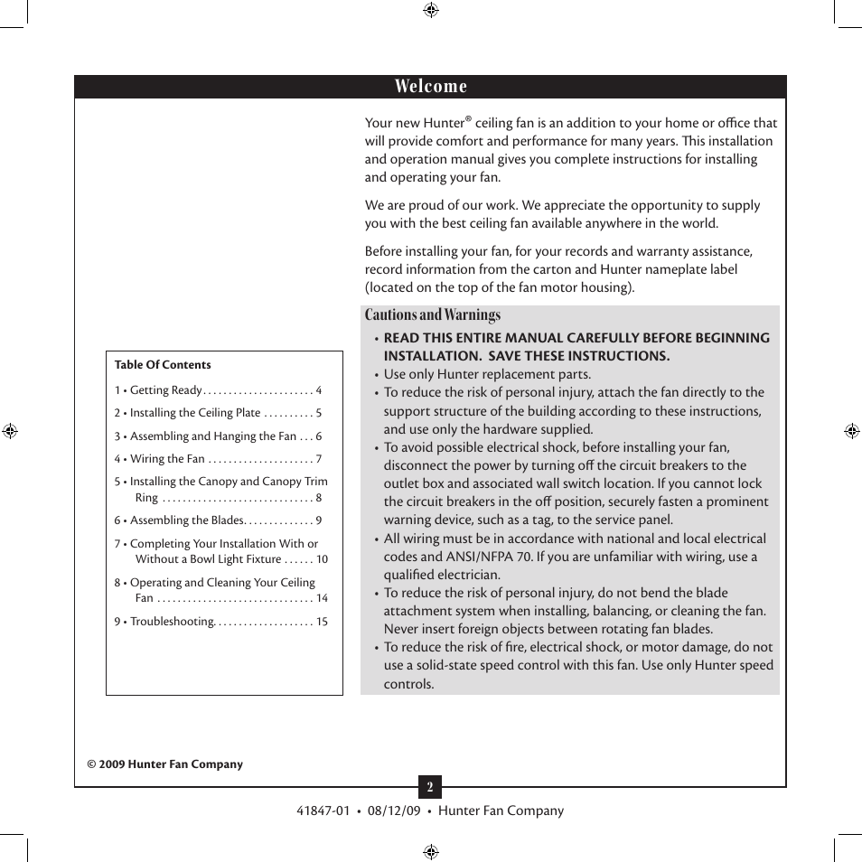 Welcome, Cautions and warnings | Hunter Fan Type G Models User Manual | Page 2 / 15