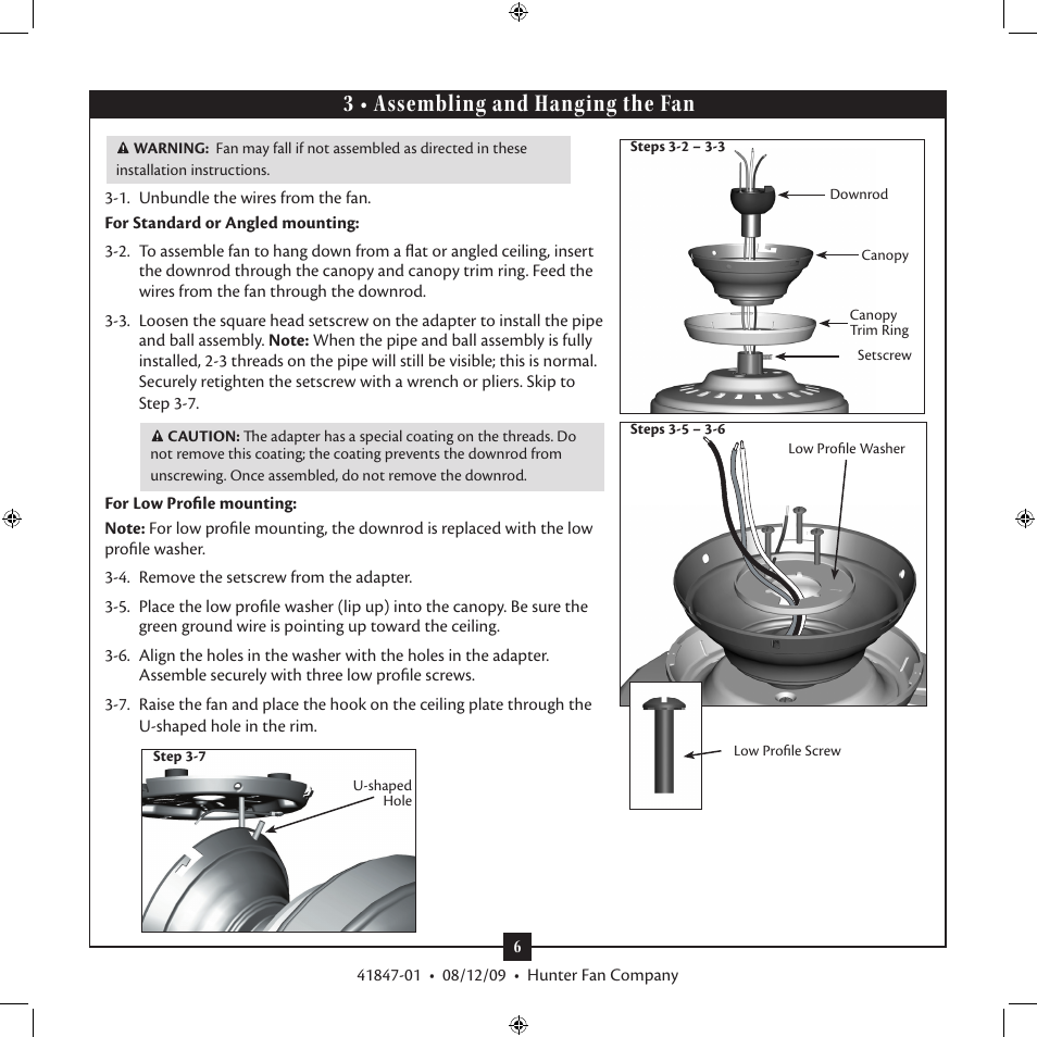 3 • assembling and hanging the fan | Hunter Fan Type G Models User Manual | Page 6 / 15