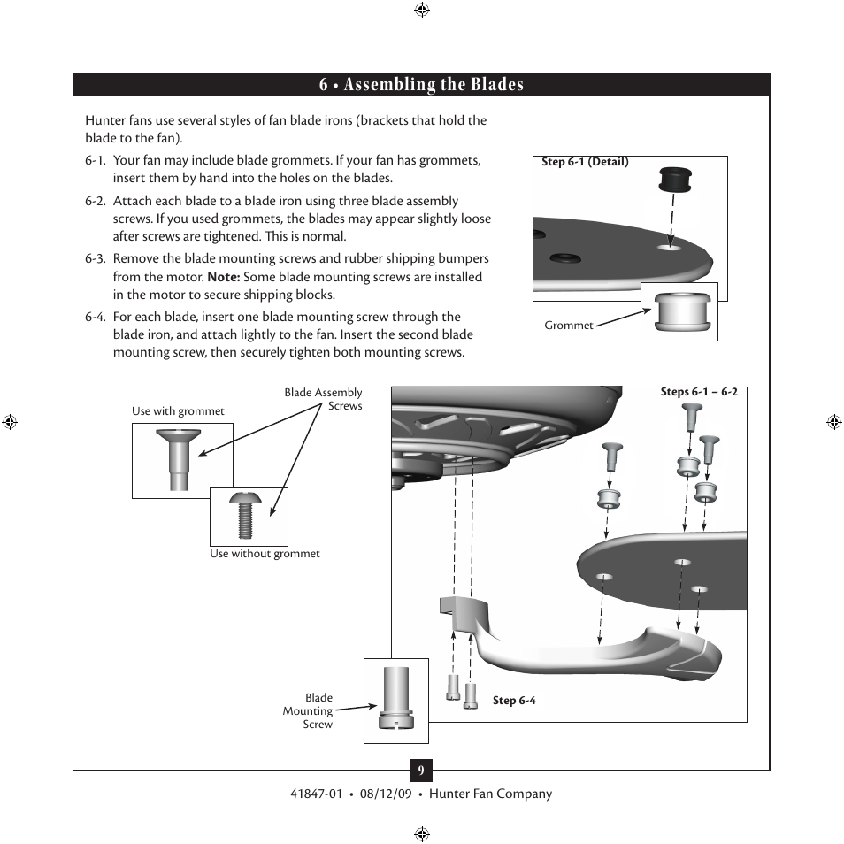 6 • assembling the blades | Hunter Fan Type G Models User Manual | Page 9 / 15