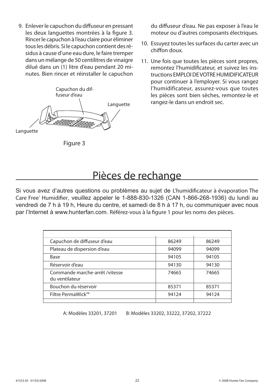 Pièces de rechange | Hunter Fan 33222 User Manual | Page 22 / 24