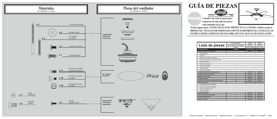 Guía de piezas, Materiales, Piezas del ventilador | Parada, Lista de piezas | Hunter Fan 28873 User Manual | Page 2 / 2