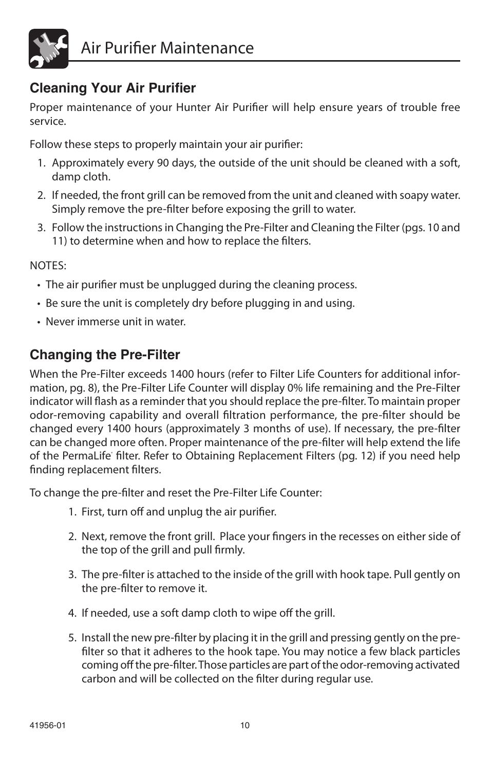 Air purifier maintenance, Cleaning your air purifier, Changing the pre-filter | Hunter Fan 30540 User Manual | Page 10 / 16