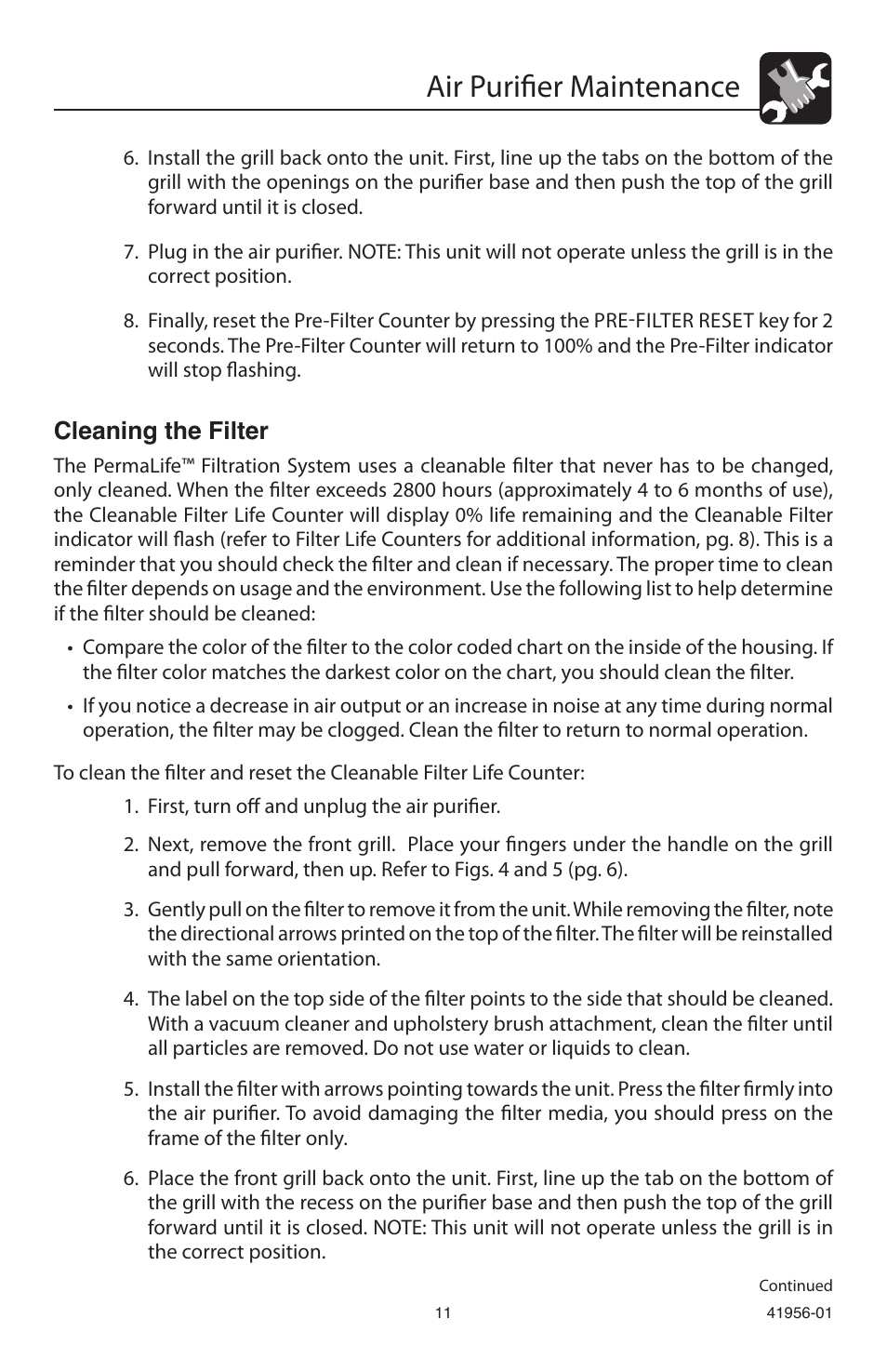 Air purifier maintenance, Cleaning the filter | Hunter Fan 30540 User Manual | Page 11 / 16