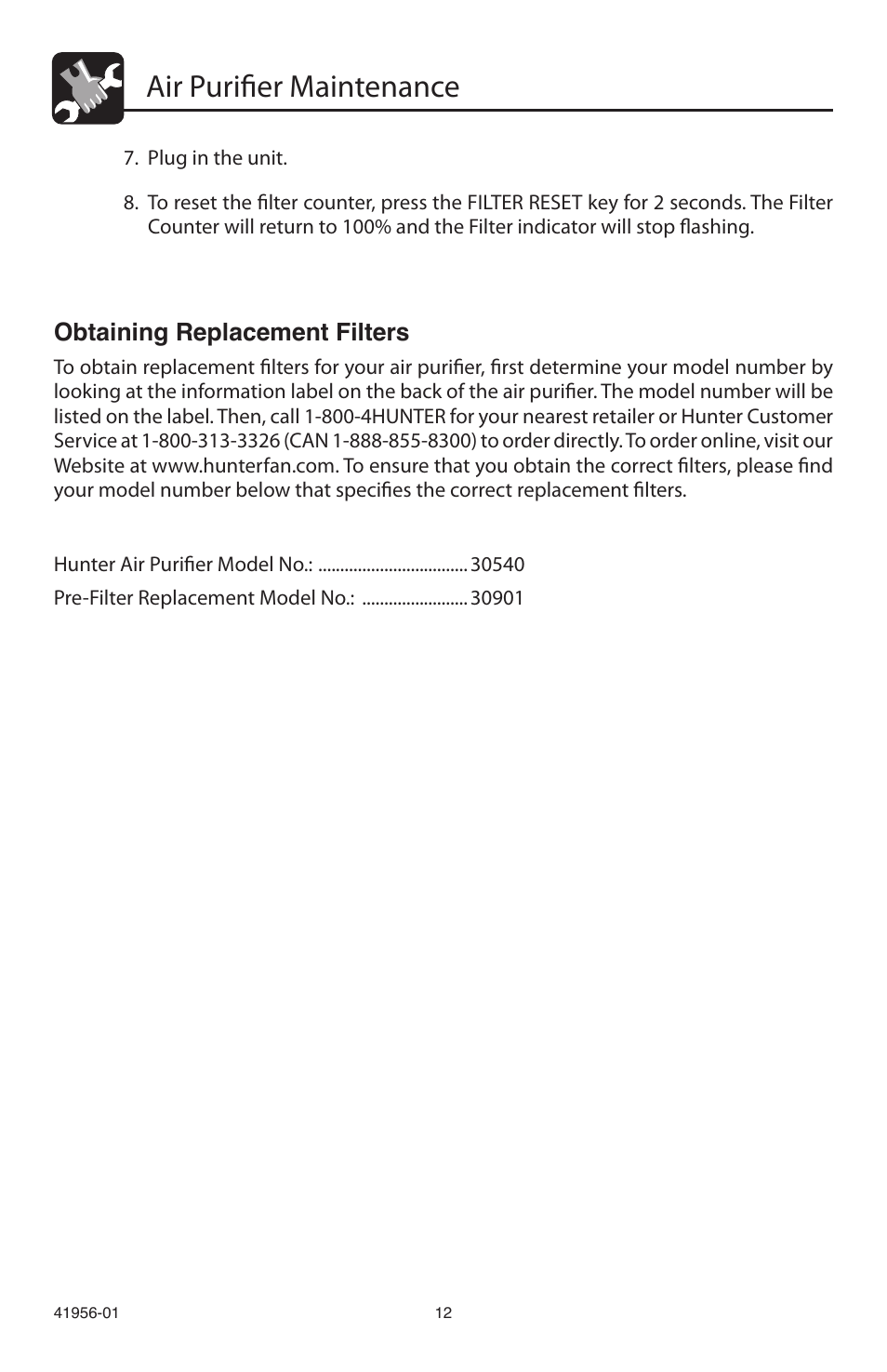Air purifier maintenance, Obtaining replacement filters | Hunter Fan 30540 User Manual | Page 12 / 16