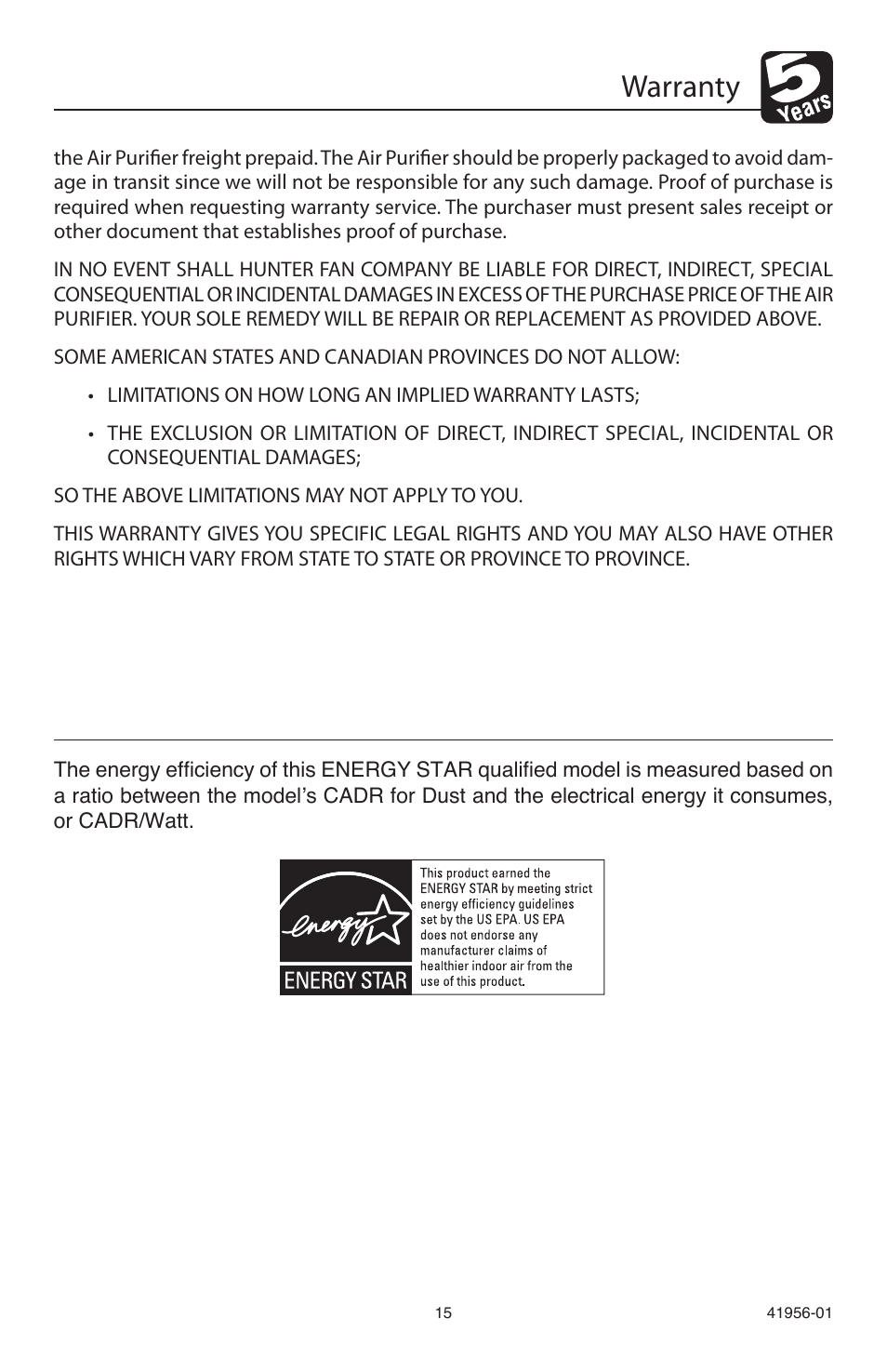 Warranty | Hunter Fan 30540 User Manual | Page 15 / 16