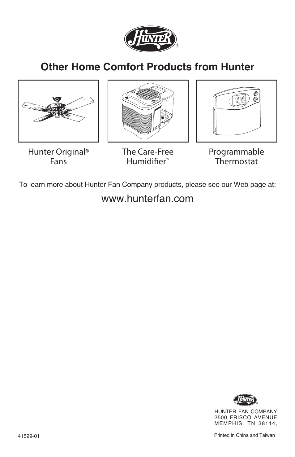 The care-free humidifier, Programmable thermostat, Hunter original | Fans | Hunter Fan 30540 User Manual | Page 16 / 16