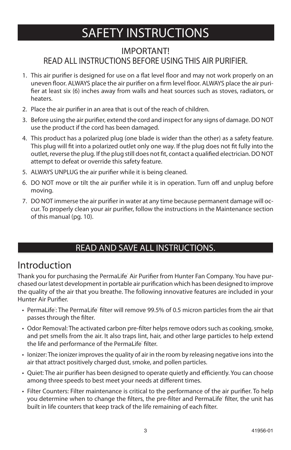 Safety instructions, Introduction, Read and save all instructions | Hunter Fan 30540 User Manual | Page 3 / 16