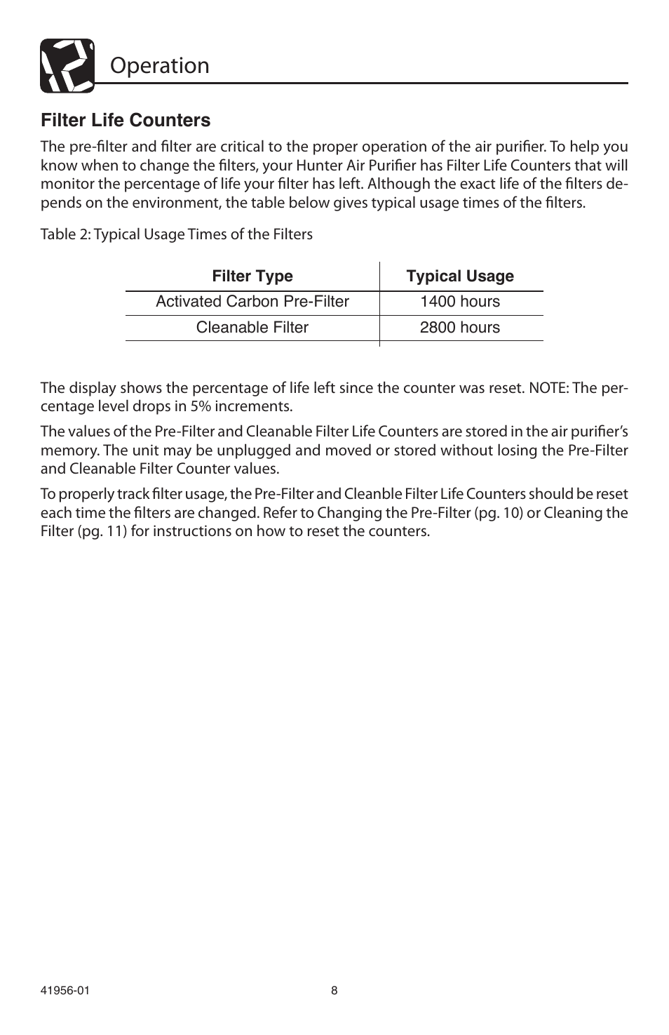 Operation, Filter life counters | Hunter Fan 30540 User Manual | Page 8 / 16