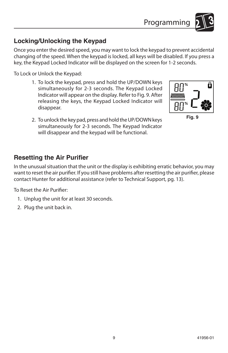 Programming, Locking/unlocking the keypad, Resetting the air purifier | Hunter Fan 30540 User Manual | Page 9 / 16