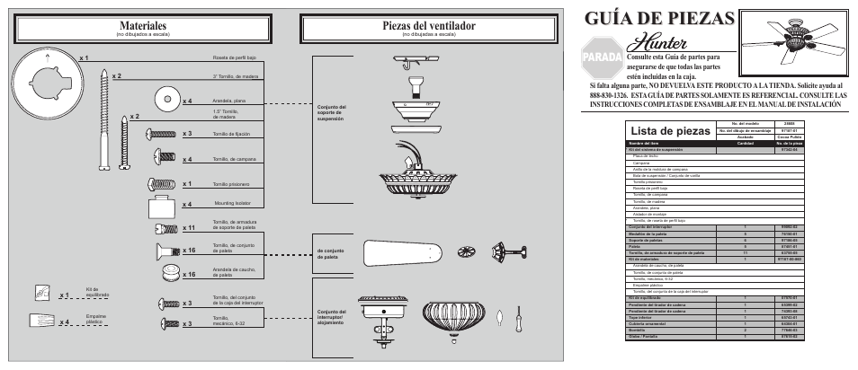 Guía de piezas, Materiales, Piezas del ventilador | Parada, Lista de piezas | Hunter Fan 28608 User Manual | Page 2 / 2