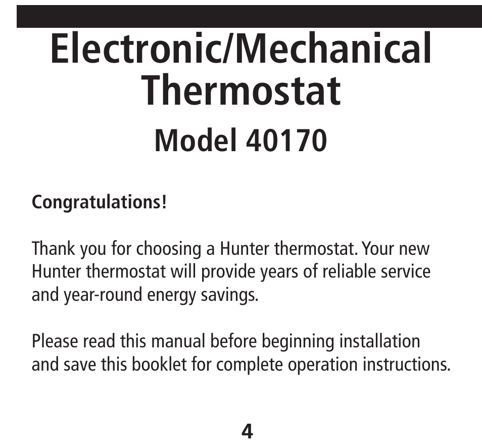 Electronic/mechanical thermostat | Hunter Fan 40170 User Manual | Page 4 / 33