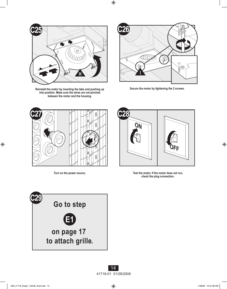 C29 e1, Go to step on page 17 to attach grille, On off | Hunter Fan Saturn 90058 User Manual | Page 14 / 40