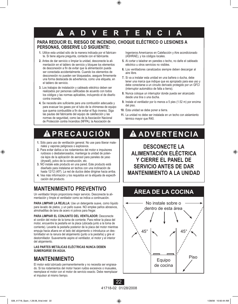 Mantenimiento preventivo, Mantenimiento, Área de la cocina | Hunter Fan Saturn 90058 User Manual | Page 22 / 40