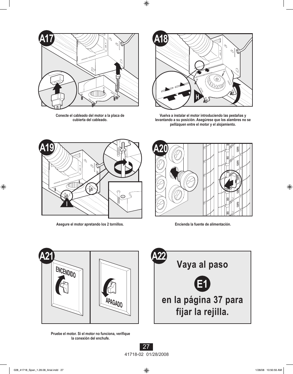 A22 e1, Vaya al paso en la página 37 para fijar la rejilla | Hunter Fan Saturn 90058 User Manual | Page 27 / 40