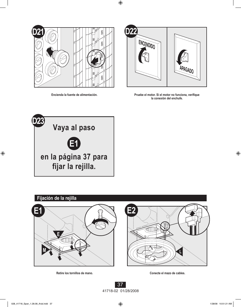 D23 e1, Vaya al paso en la página 37 para fijar la rejilla | Hunter Fan Saturn 90058 User Manual | Page 37 / 40