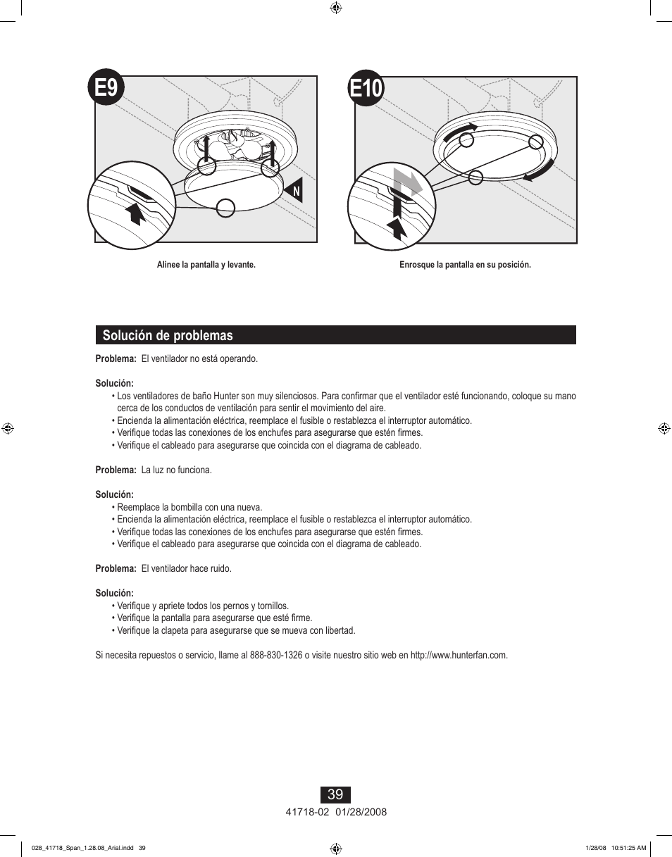 39 solución de problemas | Hunter Fan Saturn 90058 User Manual | Page 39 / 40