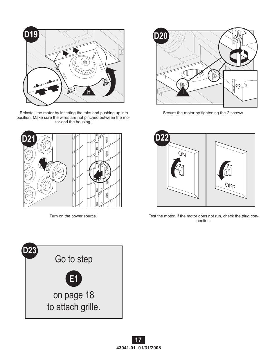 Go to step on page 18 to attach grille, D19 d20 | Hunter Fan 81021 User Manual | Page 17 / 65