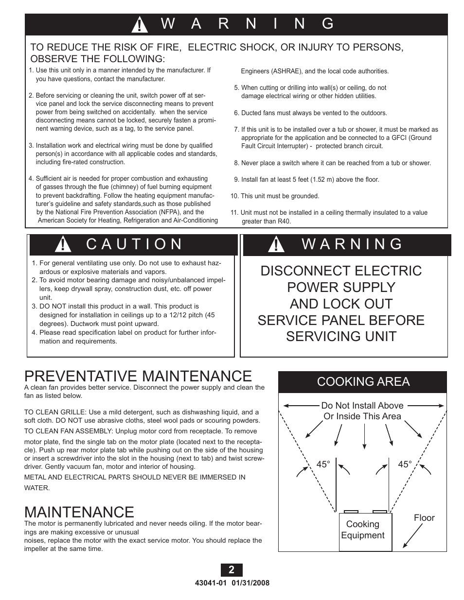 Preventative maintenance, Maintenance, Cooking area | Hunter Fan 81021 User Manual | Page 2 / 65