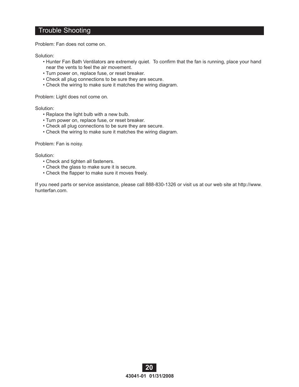 Trouble shooting | Hunter Fan 81021 User Manual | Page 20 / 65