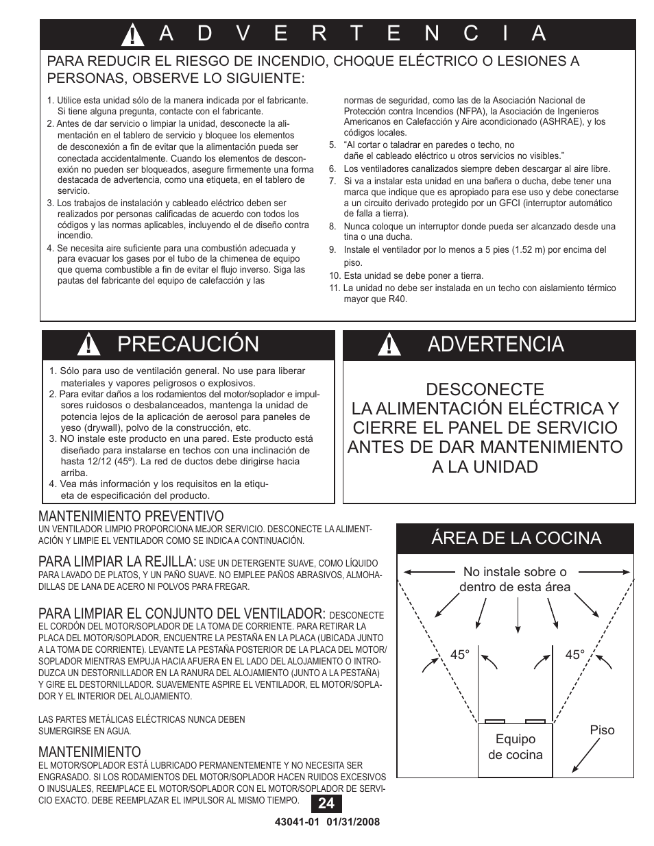 Advertencia, Precaución, Área de la cocina | Mantenimiento preventivo, Para limpiar la rejilla, Para limpiar el conjunto del ventilador, Mantenimiento | Hunter Fan 81021 User Manual | Page 24 / 65