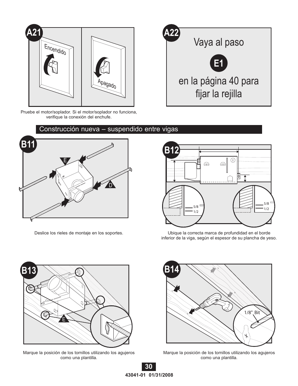 Vaya al paso en la página 40 para fijar la rejilla, A22 e1 | Hunter Fan 81021 User Manual | Page 30 / 65