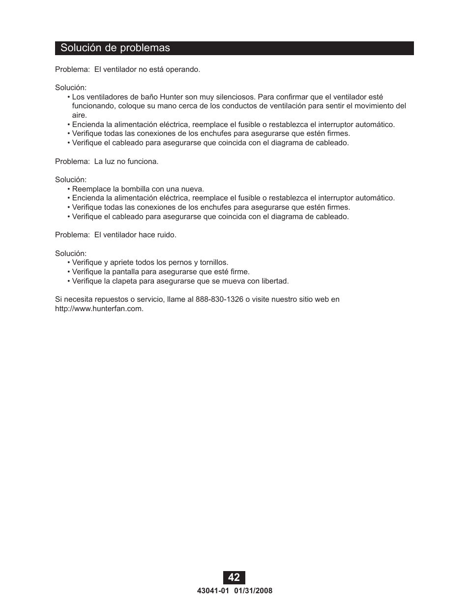 Solución de problemas | Hunter Fan 81021 User Manual | Page 42 / 65