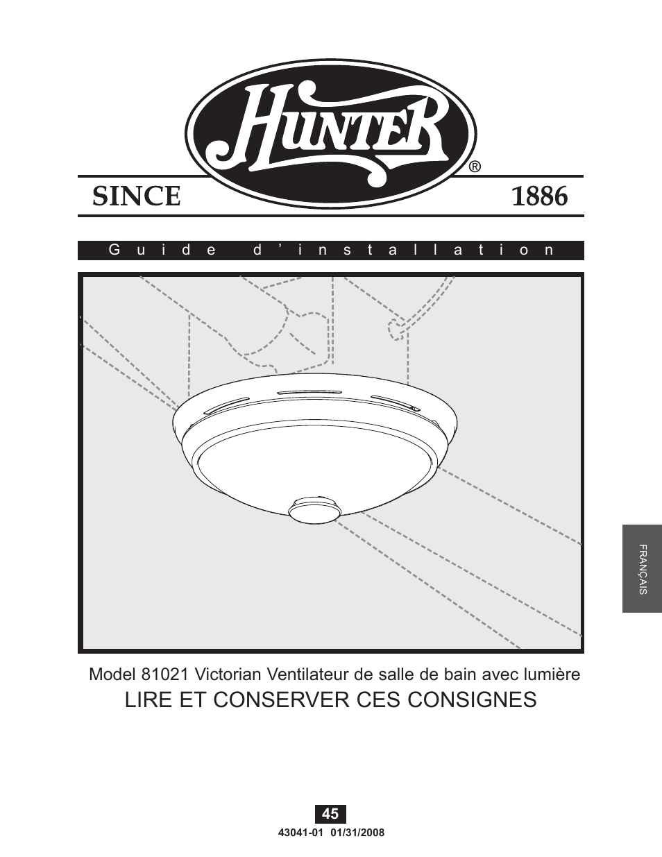 Lire et conserver ces consignes | Hunter Fan 81021 User Manual | Page 45 / 65