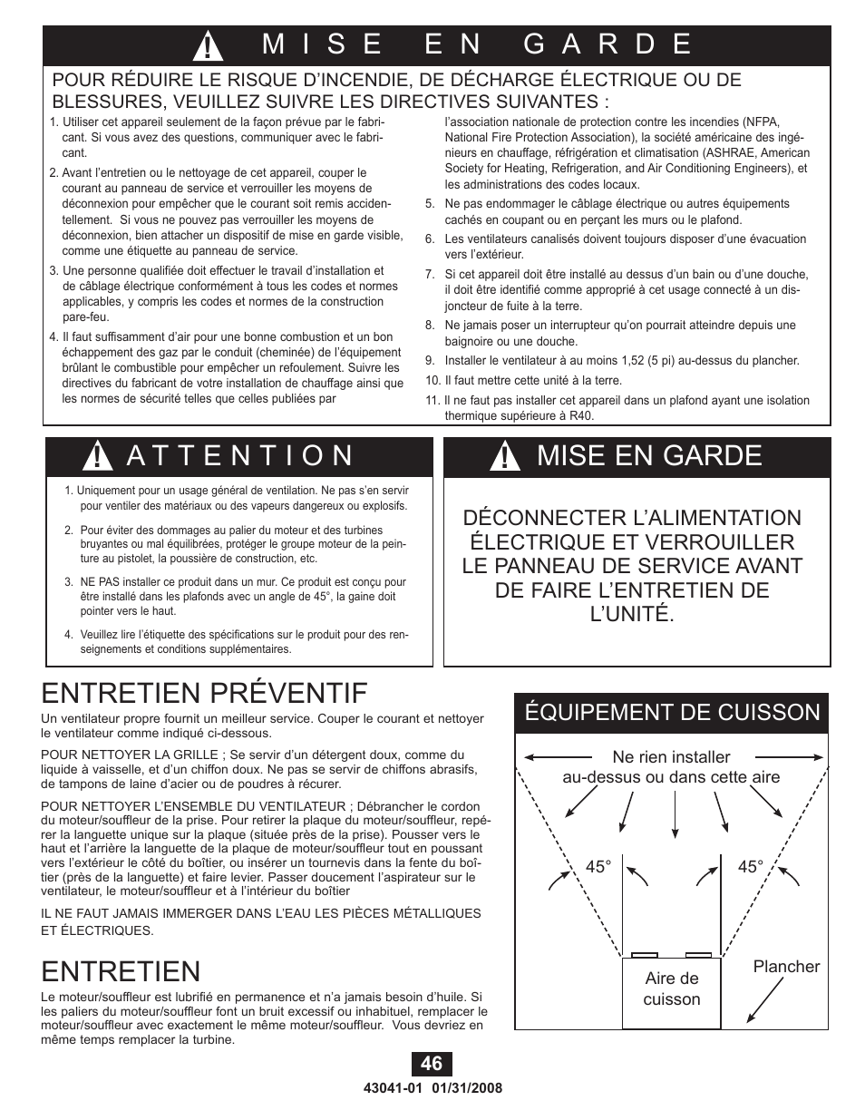 Mise en garde, Entretien préventif, Entretien | Équipement de cuisson | Hunter Fan 81021 User Manual | Page 46 / 65