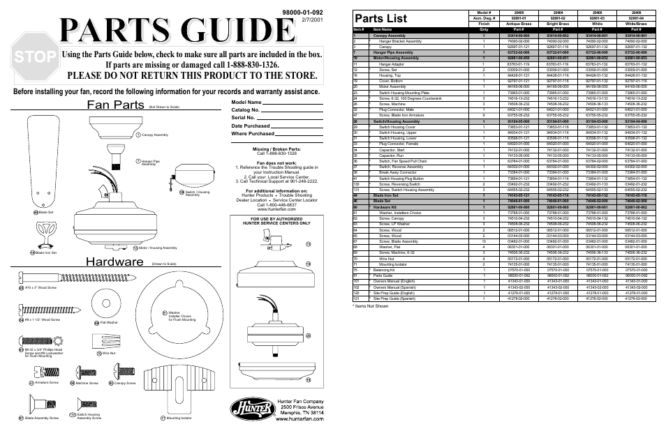 Hunter Fan 20409 User Manual | 2 pages