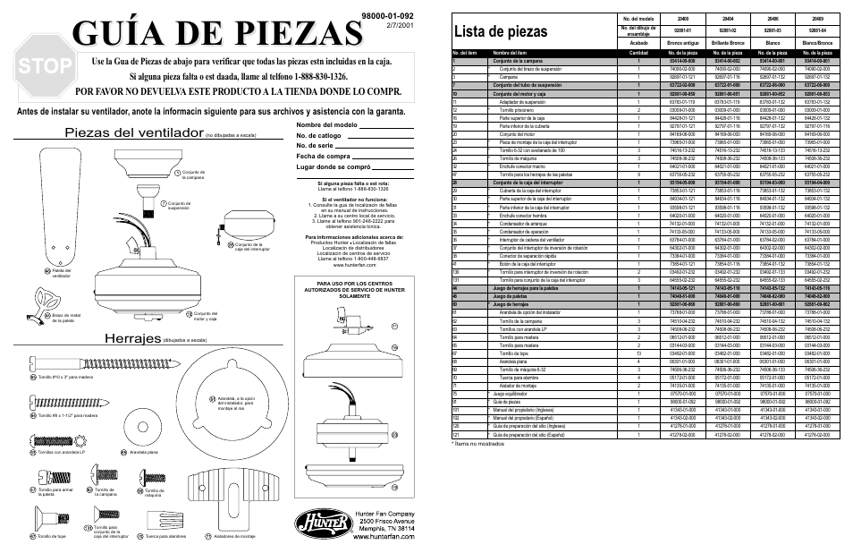 A de piezas, Guía de piezas, Lista de piezas | Piezas del ventilador, Herrajes | Hunter Fan 20409 User Manual | Page 2 / 2