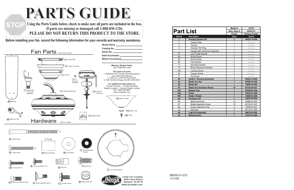 Parts guide, Part list, Fan parts | Hardware, Please do not return this product to the store | Hunter Fan 21575 User Manual | Page 2 / 4