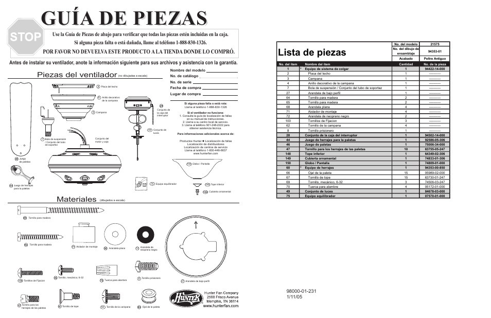 Guía de piezas, Lista de piezas, Materiales | Piezas del ventilador | Hunter Fan 21575 User Manual | Page 3 / 4