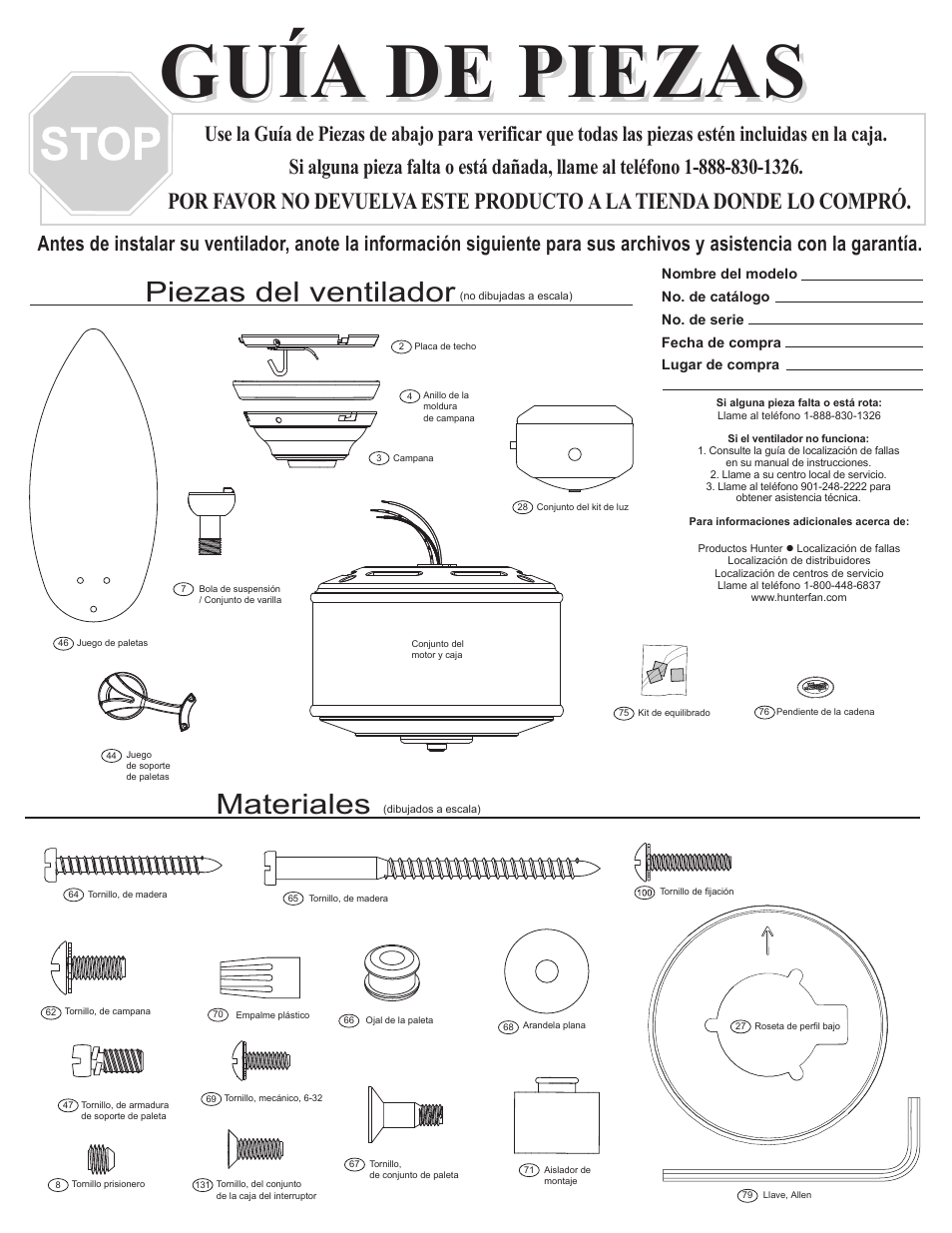 Guía de piezas, Materiales, Piezas del ventilador | Hunter Fan 28522 User Manual | Page 3 / 4