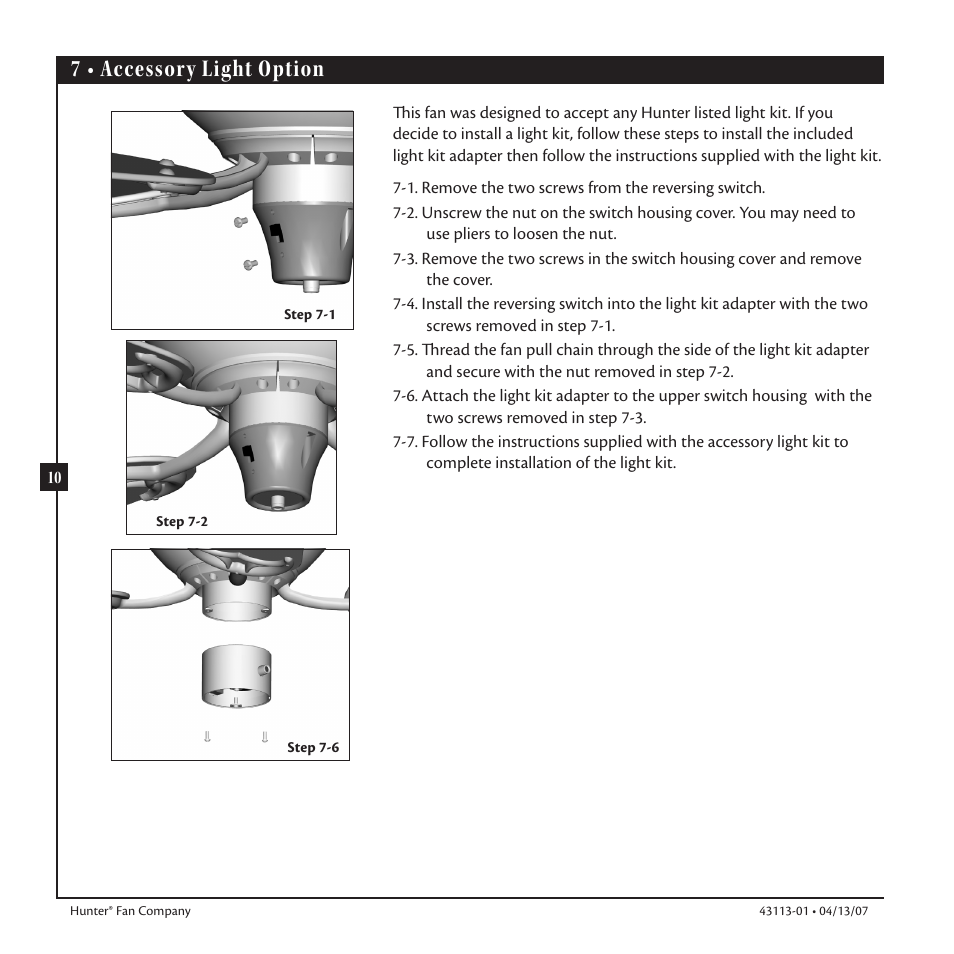 7 • accessory light option | Hunter Fan Ceiling Fans User Manual | Page 10 / 12