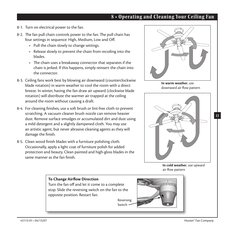 8 • operating and cleaning your ceiling fan | Hunter Fan Ceiling Fans User Manual | Page 11 / 12