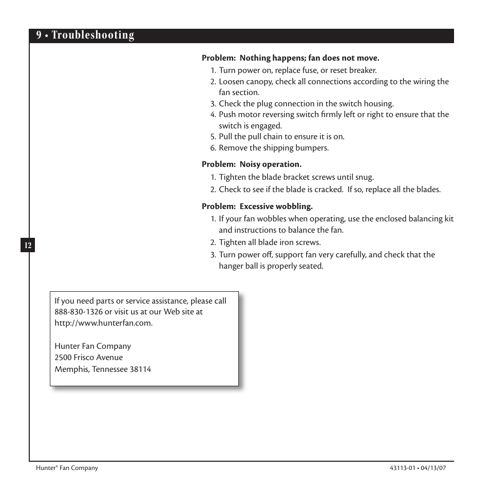 9 • troubleshooting | Hunter Fan Ceiling Fans User Manual | Page 12 / 12