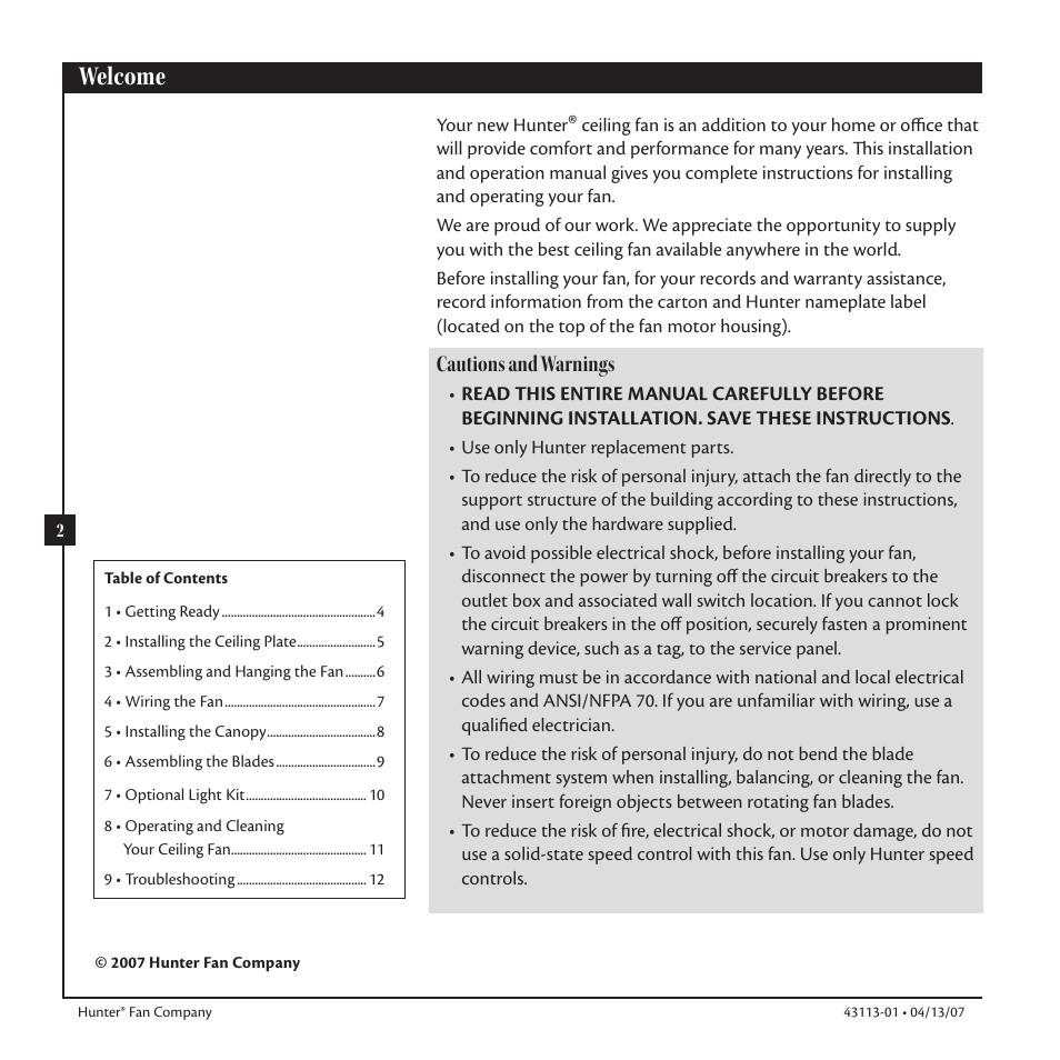 Welcome, Cautions and warnings | Hunter Fan Ceiling Fans User Manual | Page 2 / 12