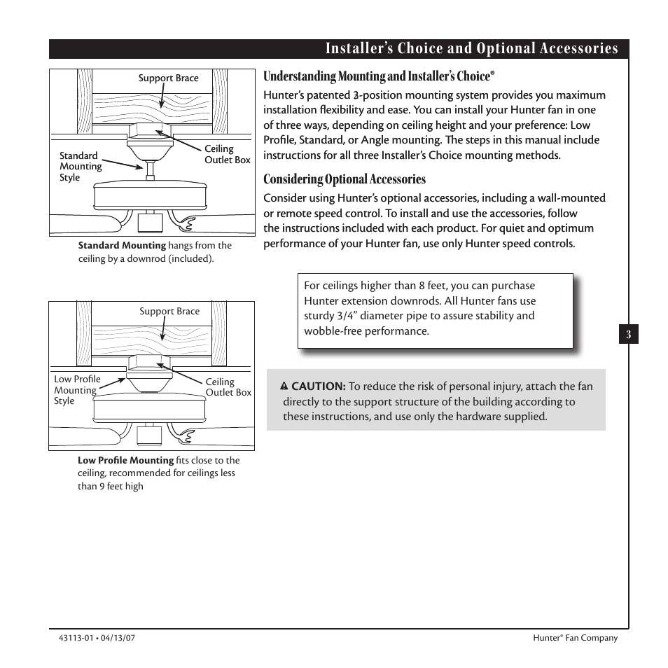 Installer’s choice and optional accessories, Understanding mounting and installer’s choice, Considering optional accessories | Hunter Fan Ceiling Fans User Manual | Page 3 / 12