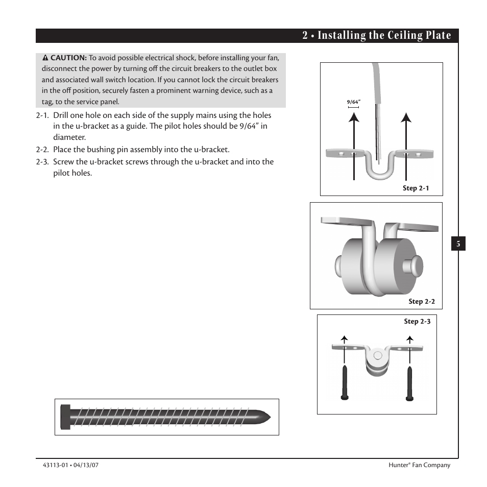 2 • installing the ceiling plate | Hunter Fan Ceiling Fans User Manual | Page 5 / 12