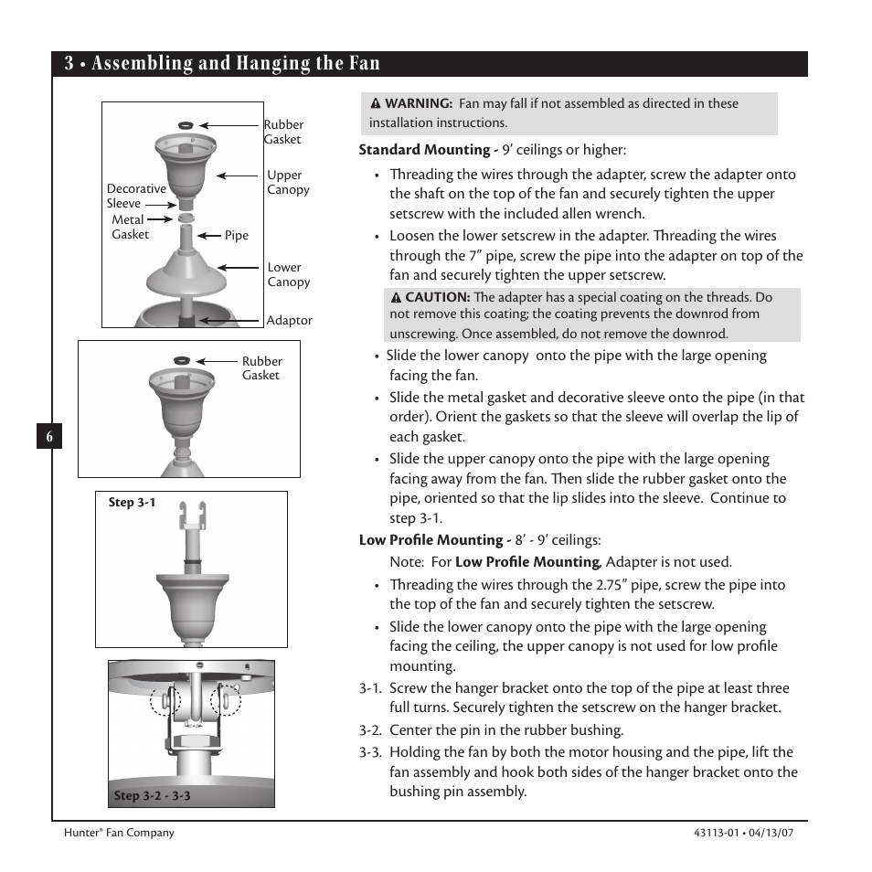 3 • assembling and hanging the fan | Hunter Fan Ceiling Fans User Manual | Page 6 / 12