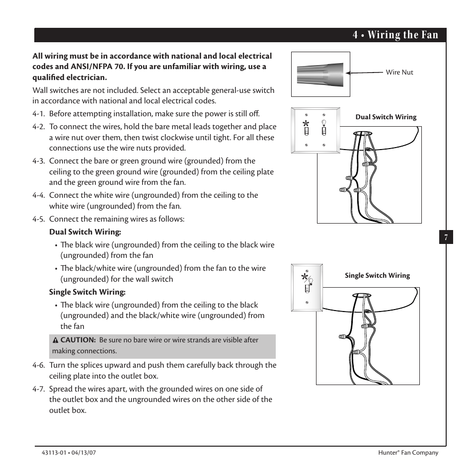 4 • wiring the fan | Hunter Fan Ceiling Fans User Manual | Page 7 / 12